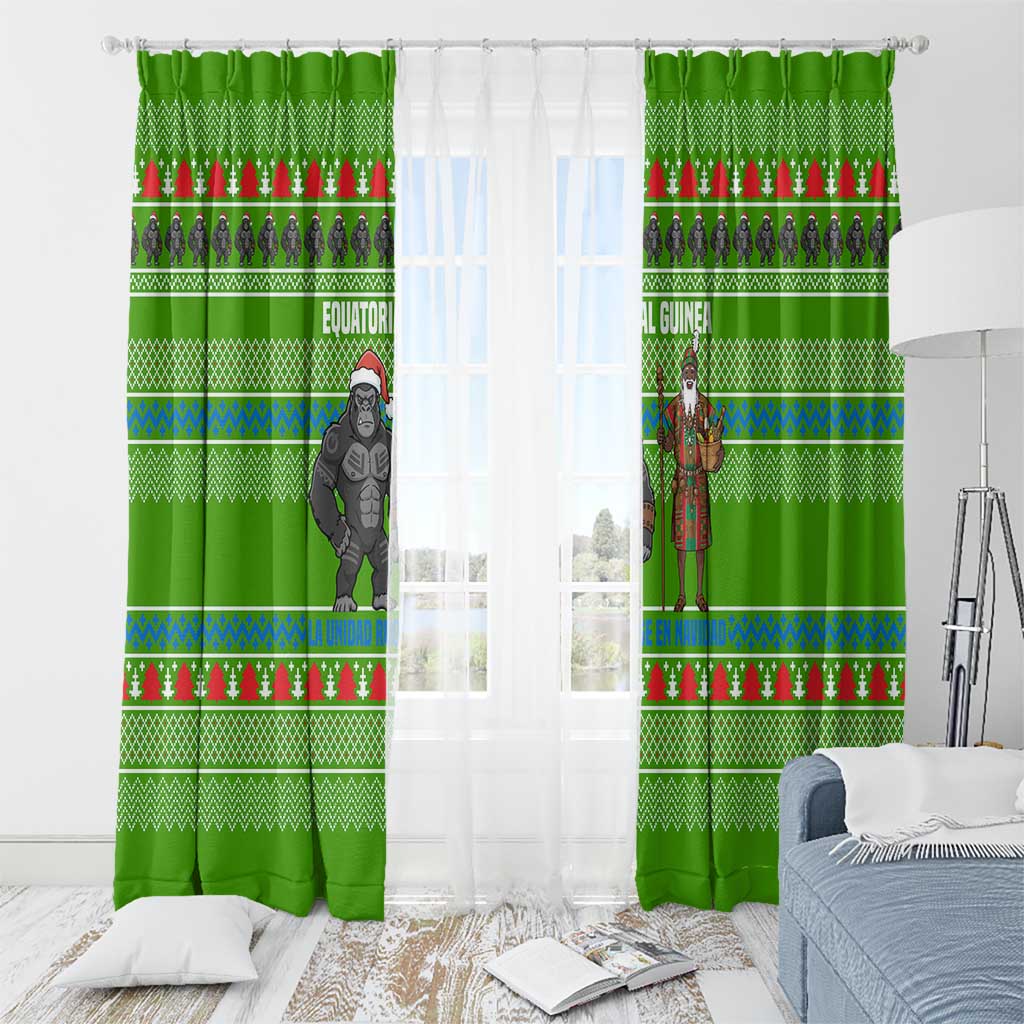 Equatorial Guinea Christmas Window Curtain with Santa Gorilla Gift Basket and Green Holiday Pattern Design - Wonder Print Shop
