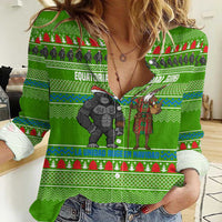 Equatorial Guinea Christmas Women Casual Shirt with Santa Gorilla Gift Basket and Green Holiday Pattern Design - Wonder Print Shop