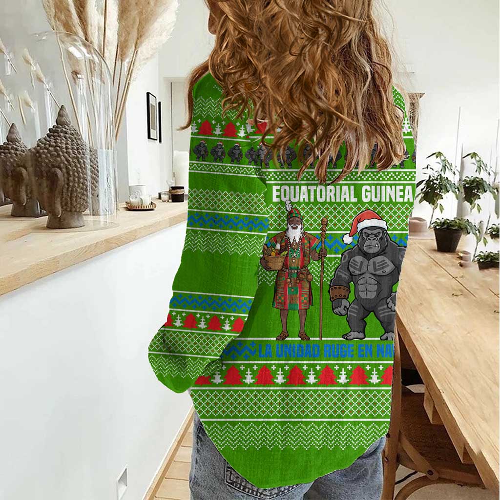 Equatorial Guinea Christmas Women Casual Shirt with Santa Gorilla Gift Basket and Green Holiday Pattern Design - Wonder Print Shop