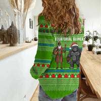 Equatorial Guinea Christmas Women Casual Shirt with Santa Gorilla Gift Basket and Green Holiday Pattern Design - Wonder Print Shop