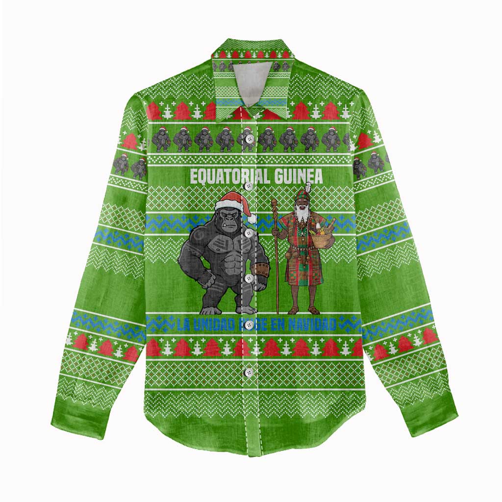 Equatorial Guinea Christmas Women Casual Shirt with Santa Gorilla Gift Basket and Green Holiday Pattern Design - Wonder Print Shop