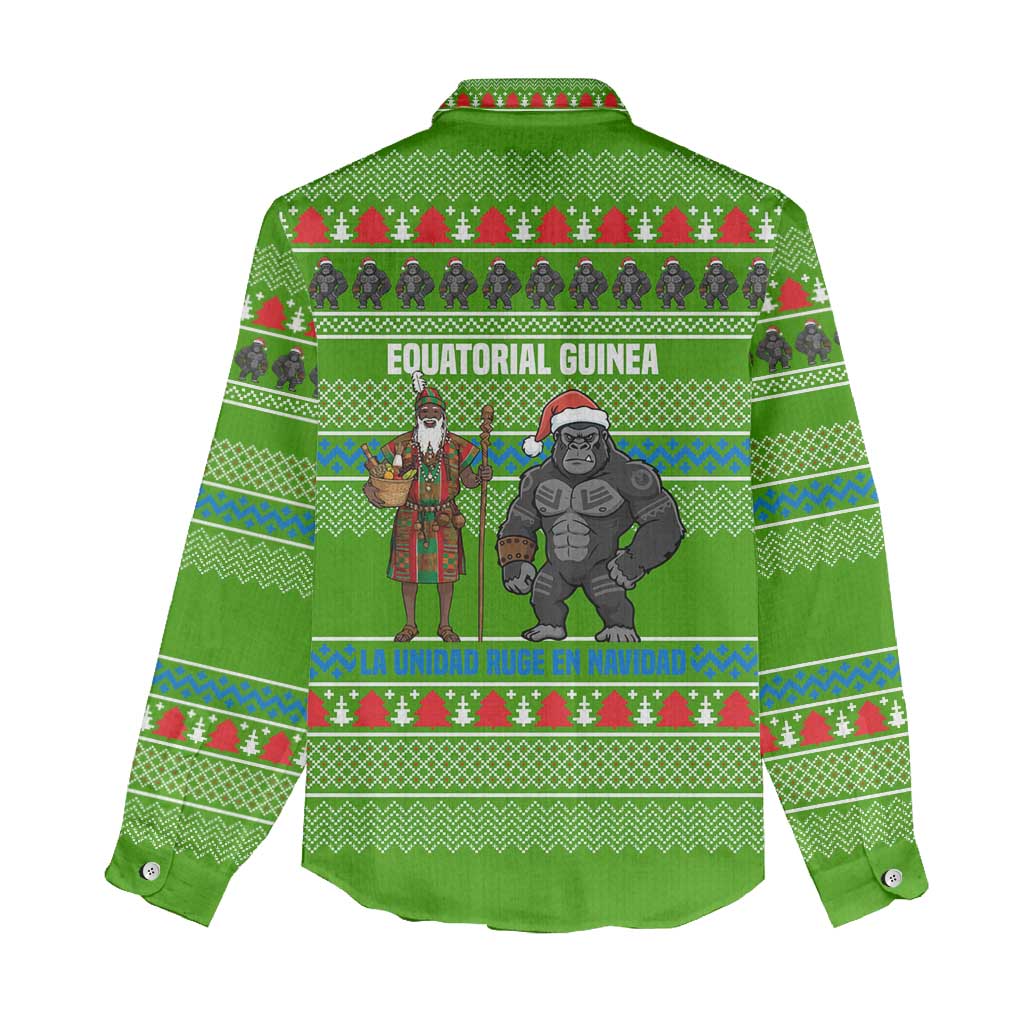 Equatorial Guinea Christmas Women Casual Shirt with Santa Gorilla Gift Basket and Green Holiday Pattern Design - Wonder Print Shop