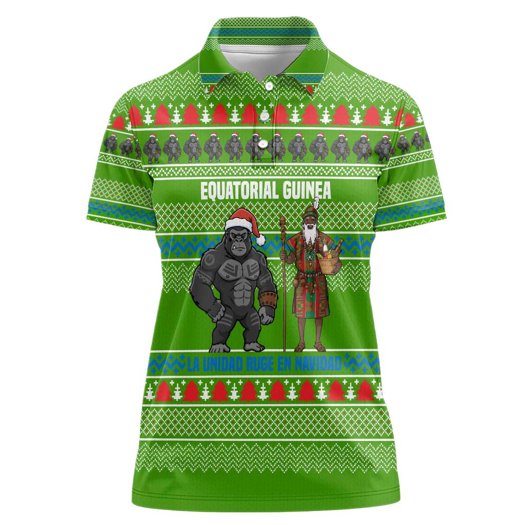 Equatorial Guinea Christmas Women Polo Shirt with Santa Gorilla Gift Basket and Green Holiday Pattern Design - Wonder Print Shop