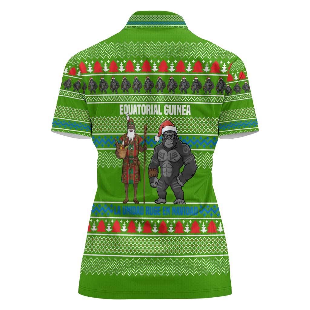 Equatorial Guinea Christmas Women Polo Shirt with Santa Gorilla Gift Basket and Green Holiday Pattern Design - Wonder Print Shop