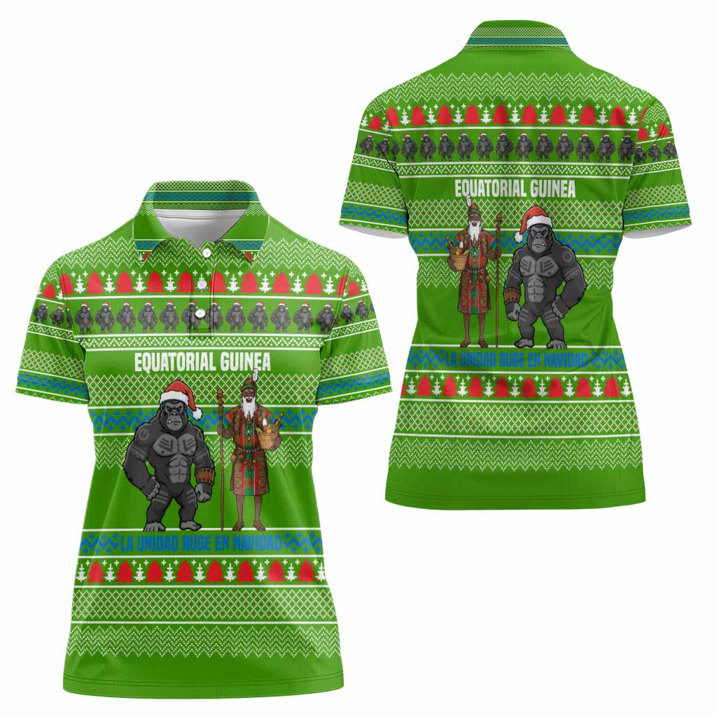 Equatorial Guinea Christmas Women Polo Shirt with Santa Gorilla Gift Basket and Green Holiday Pattern Design - Wonder Print Shop