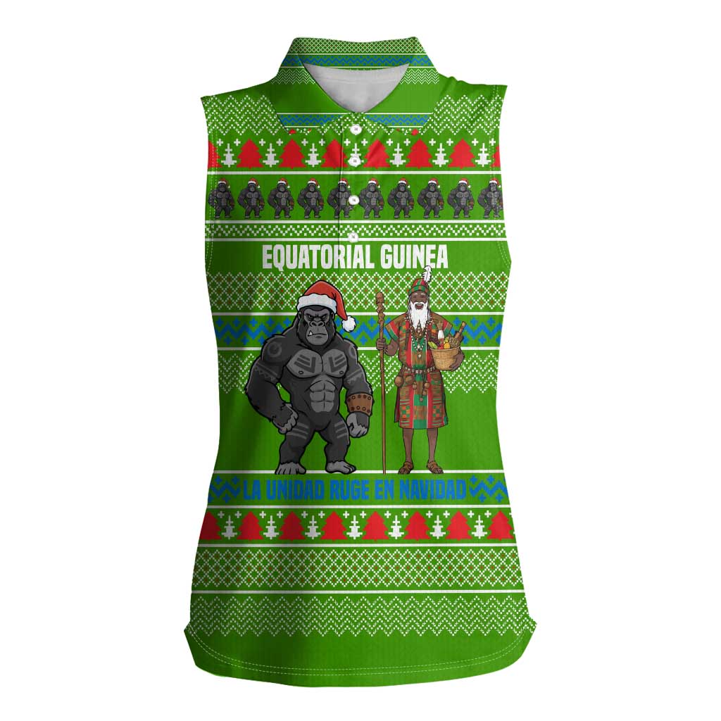 Equatorial Guinea Christmas Women Sleeveless Polo Shirt with Santa Gorilla Gift Basket and Green Holiday Pattern Design - Wonder Print Shop