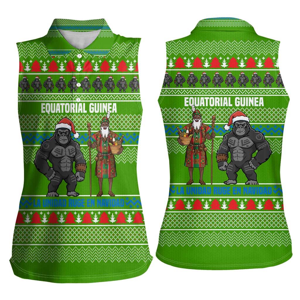 Equatorial Guinea Christmas Women Sleeveless Polo Shirt with Santa Gorilla Gift Basket and Green Holiday Pattern Design - Wonder Print Shop
