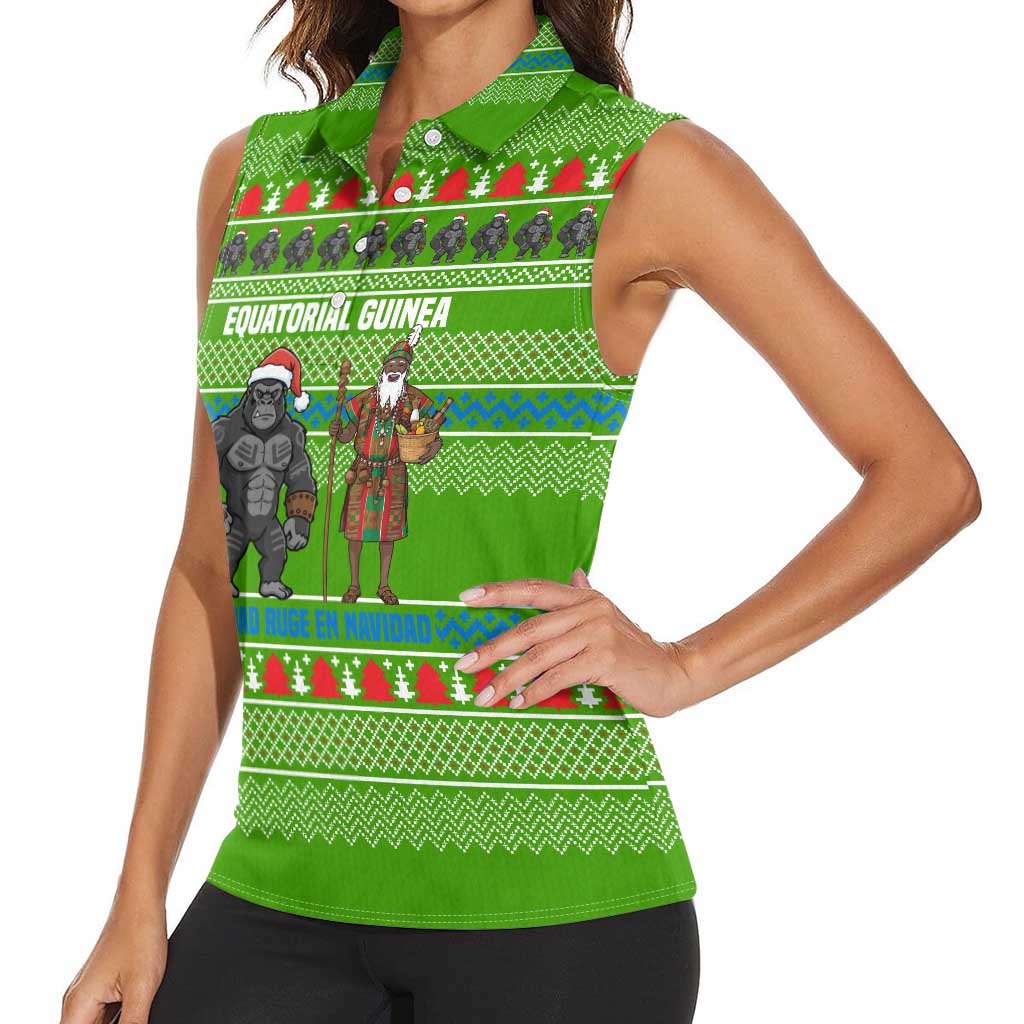 Equatorial Guinea Christmas Women Sleeveless Polo Shirt with Santa Gorilla Gift Basket and Green Holiday Pattern Design - Wonder Print Shop