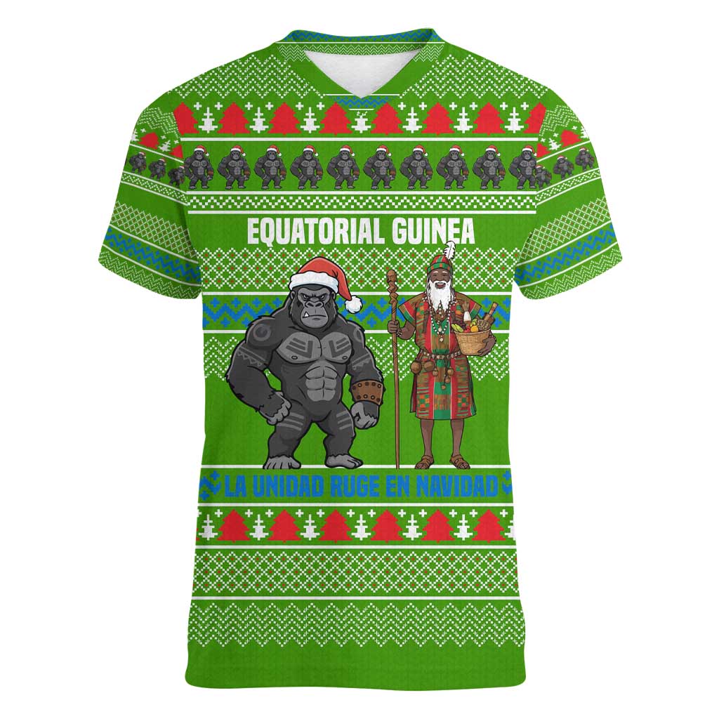 Equatorial Guinea Christmas Women V-Neck T-Shirt with Santa Gorilla Gift Basket and Green Holiday Pattern Design - Wonder Print Shop