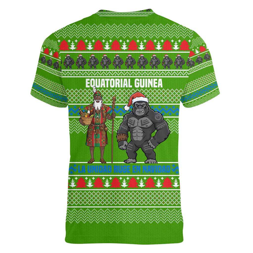 Equatorial Guinea Christmas Women V-Neck T-Shirt with Santa Gorilla Gift Basket and Green Holiday Pattern Design - Wonder Print Shop