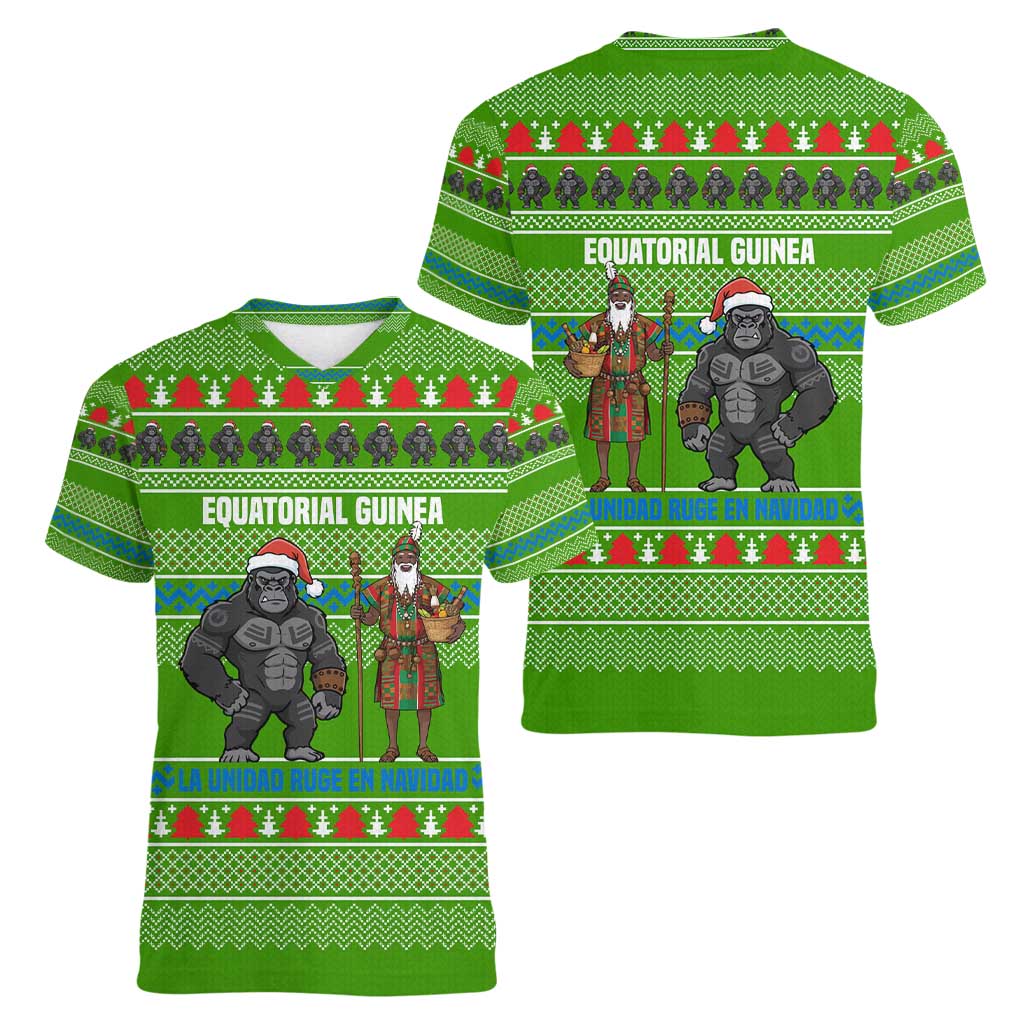 Equatorial Guinea Christmas Women V-Neck T-Shirt with Santa Gorilla Gift Basket and Green Holiday Pattern Design - Wonder Print Shop
