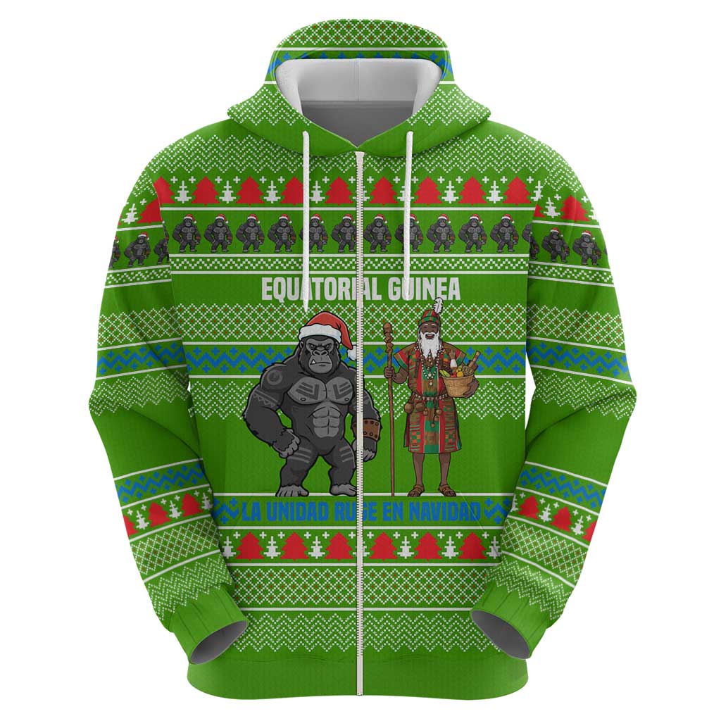 Equatorial Guinea Christmas Zip Hoodie with Santa Gorilla Gift Basket and Green Holiday Pattern Design - Wonder Print Shop