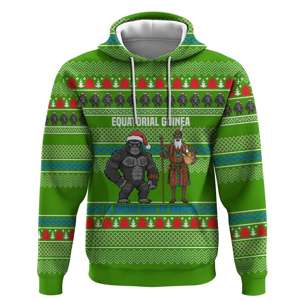 Equatorial Guinea Christmas Zip Hoodie with Santa Gorilla Gift Basket and Green Holiday Pattern Design - Wonder Print Shop