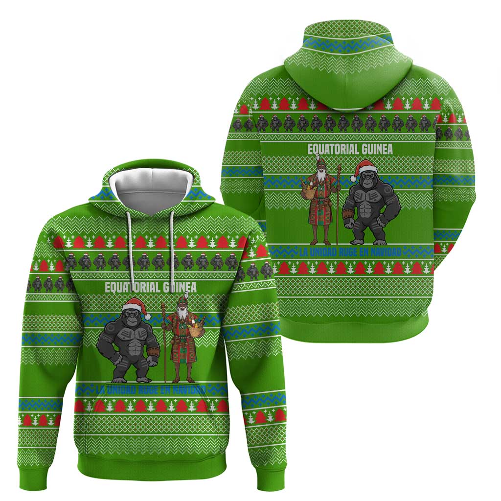 Equatorial Guinea Christmas Zip Hoodie with Santa Gorilla Gift Basket and Green Holiday Pattern Design - Wonder Print Shop