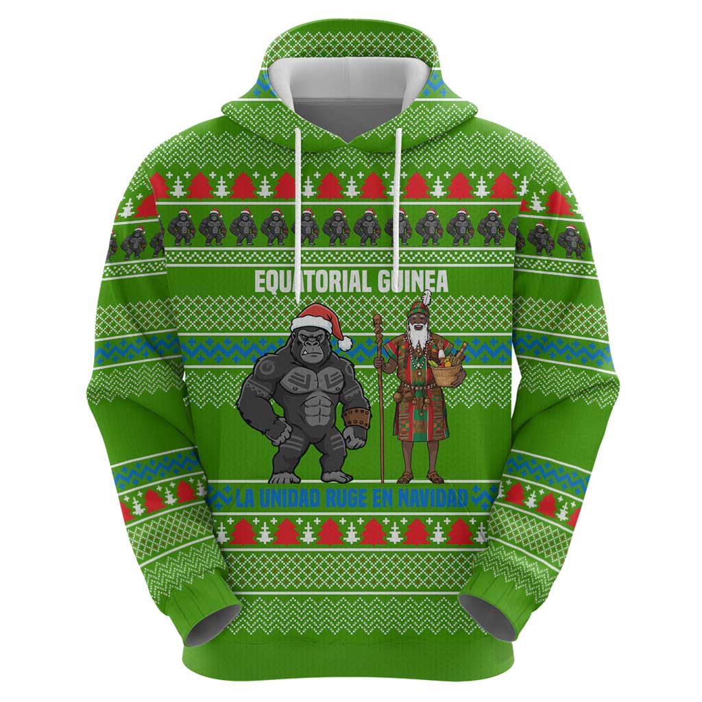 Equatorial Guinea Christmas Zip Hoodie with Santa Gorilla Gift Basket and Green Holiday Pattern Design - Wonder Print Shop