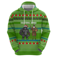Equatorial Guinea Christmas Zip Hoodie with Santa Gorilla Gift Basket and Green Holiday Pattern Design - Wonder Print Shop