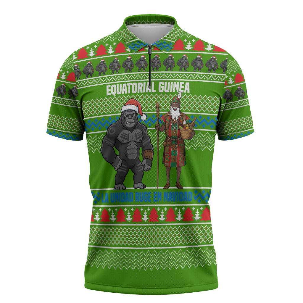Equatorial Guinea Christmas Zipper Polo Shirt with Santa Gorilla Gift Basket and Green Holiday Pattern Design - Wonder Print Shop