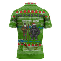 Equatorial Guinea Christmas Zipper Polo Shirt with Santa Gorilla Gift Basket and Green Holiday Pattern Design - Wonder Print Shop
