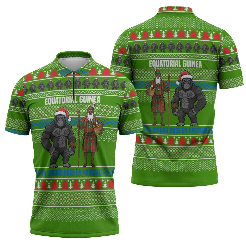 Equatorial Guinea Christmas Zipper Polo Shirt with Santa Gorilla Gift Basket and Green Holiday Pattern Design - Wonder Print Shop