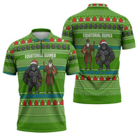 Equatorial Guinea Christmas Zipper Polo Shirt with Santa Gorilla Gift Basket and Green Holiday Pattern Design - Wonder Print Shop