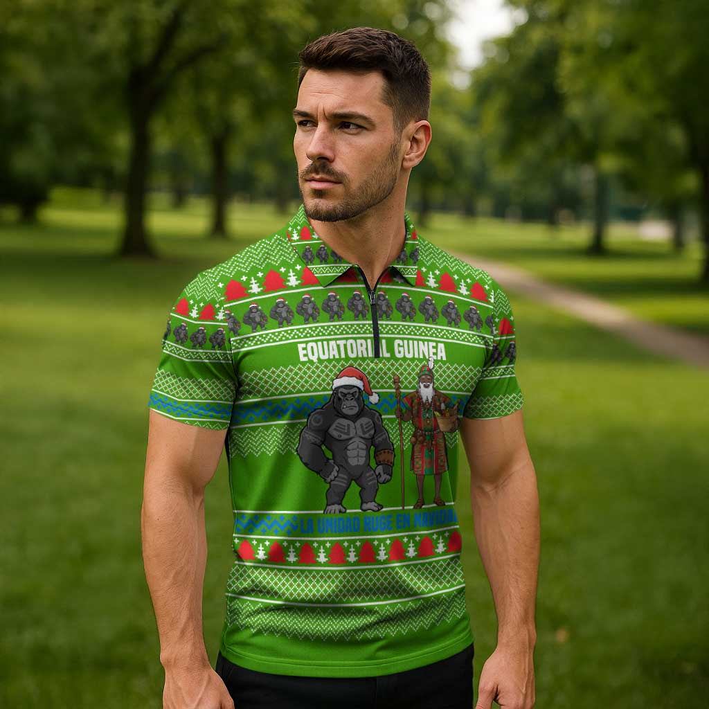 Equatorial Guinea Christmas Zipper Polo Shirt with Santa Gorilla Gift Basket and Green Holiday Pattern Design - Wonder Print Shop