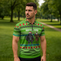 Equatorial Guinea Christmas Zipper Polo Shirt with Santa Gorilla Gift Basket and Green Holiday Pattern Design - Wonder Print Shop