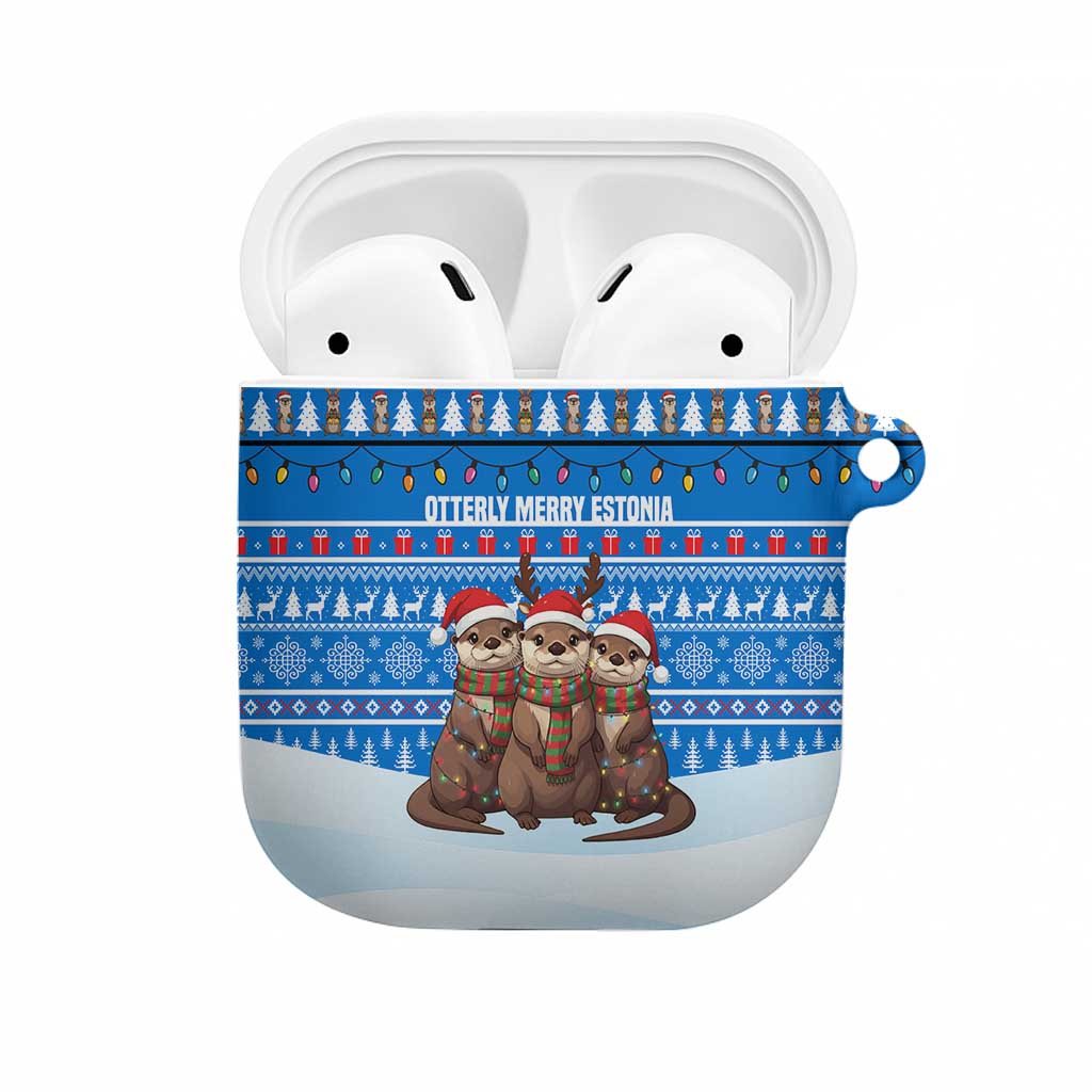 Estonia Christmas AirPods Case with Santa Otters Lights Snowflakes and National Emblem on Blue Pattern - Wonder Print Shop