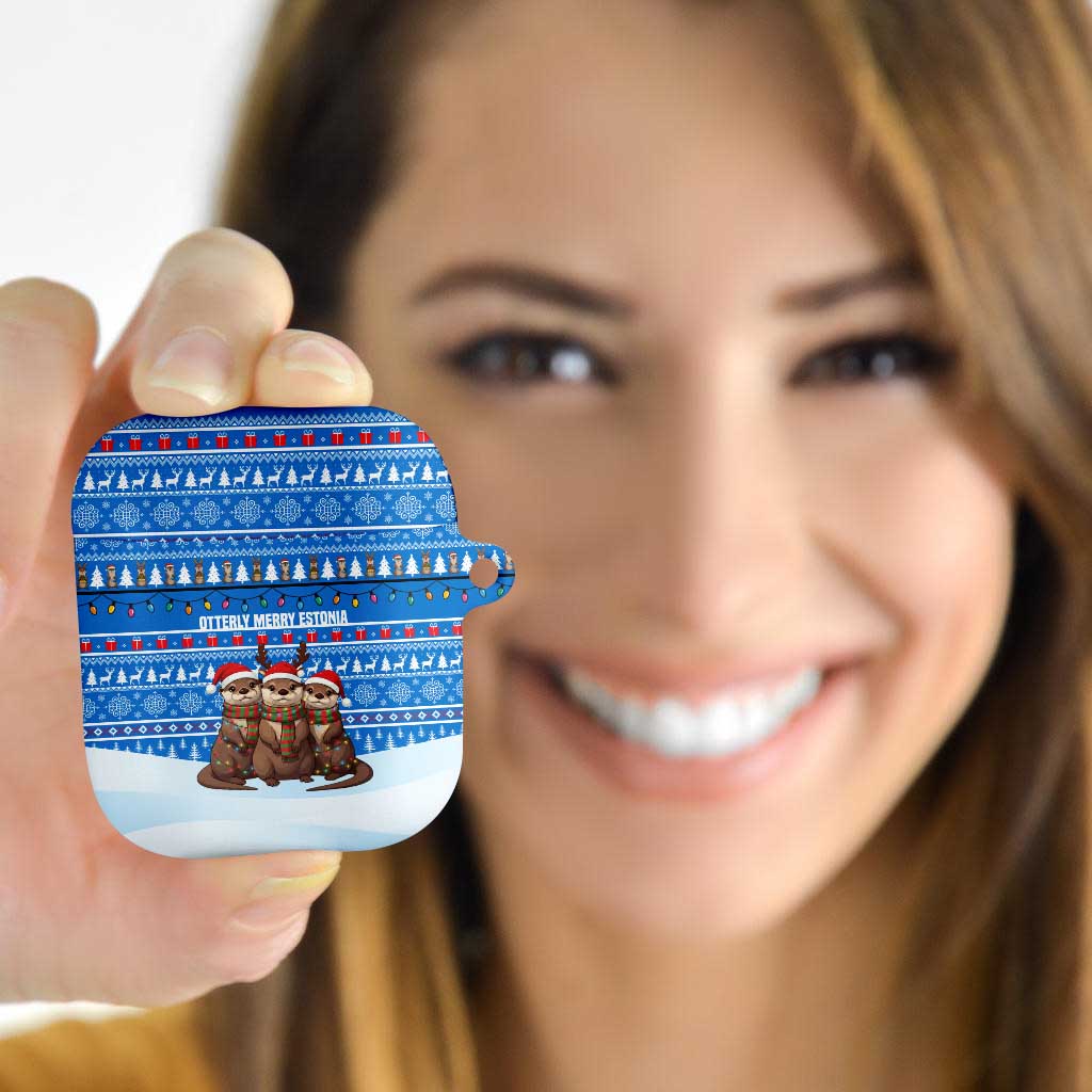 Estonia Christmas AirPods Case with Santa Otters Lights Snowflakes and National Emblem on Blue Pattern - Wonder Print Shop