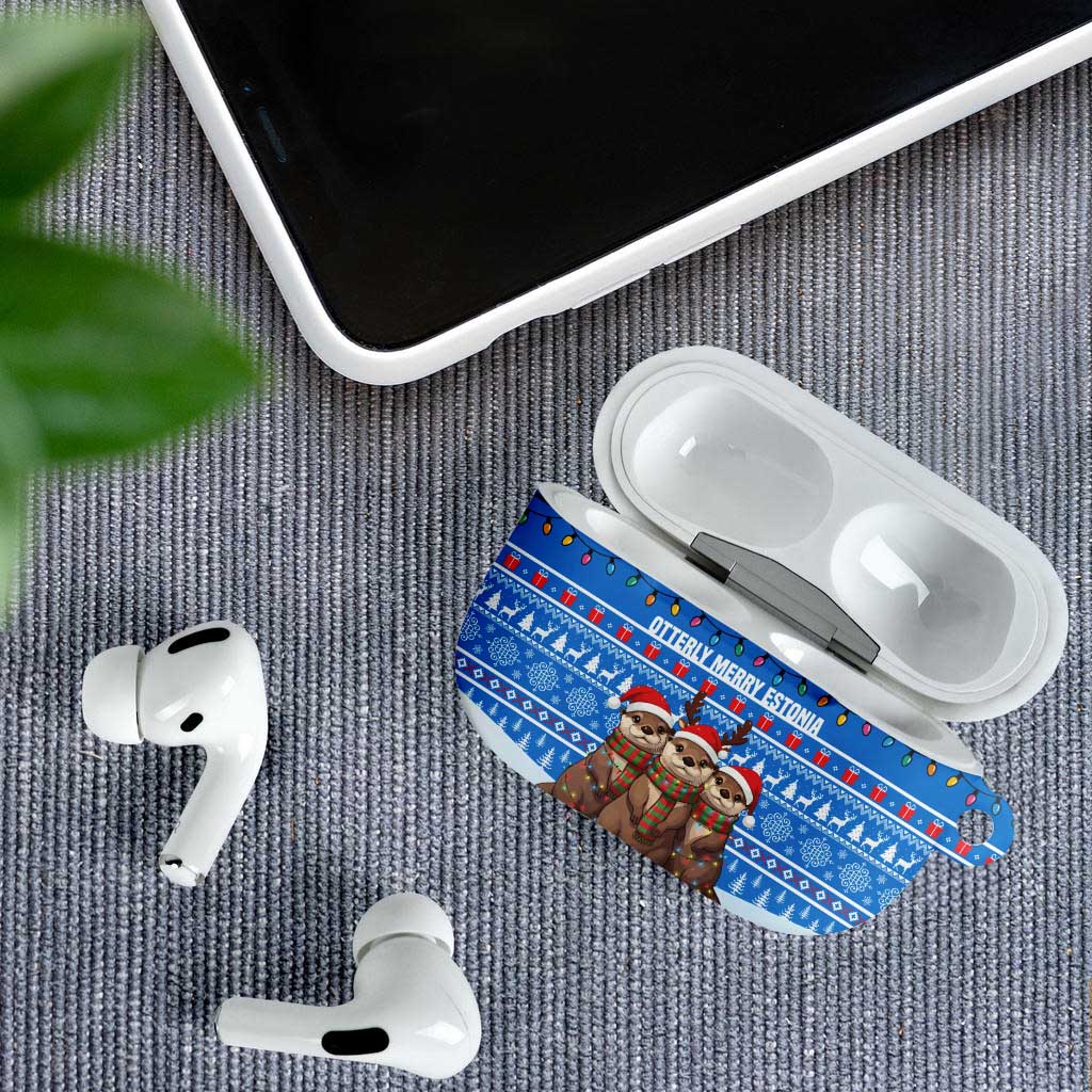 Estonia Christmas AirPods Case with Santa Otters Lights Snowflakes and National Emblem on Blue Pattern - Wonder Print Shop