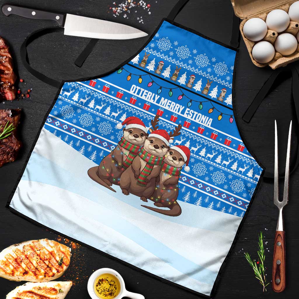 Estonia Christmas Apron with Santa Otters Lights Snowflakes and National Emblem on Blue Pattern - Wonder Print Shop