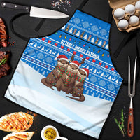 Estonia Christmas Apron with Santa Otters Lights Snowflakes and National Emblem on Blue Pattern - Wonder Print Shop