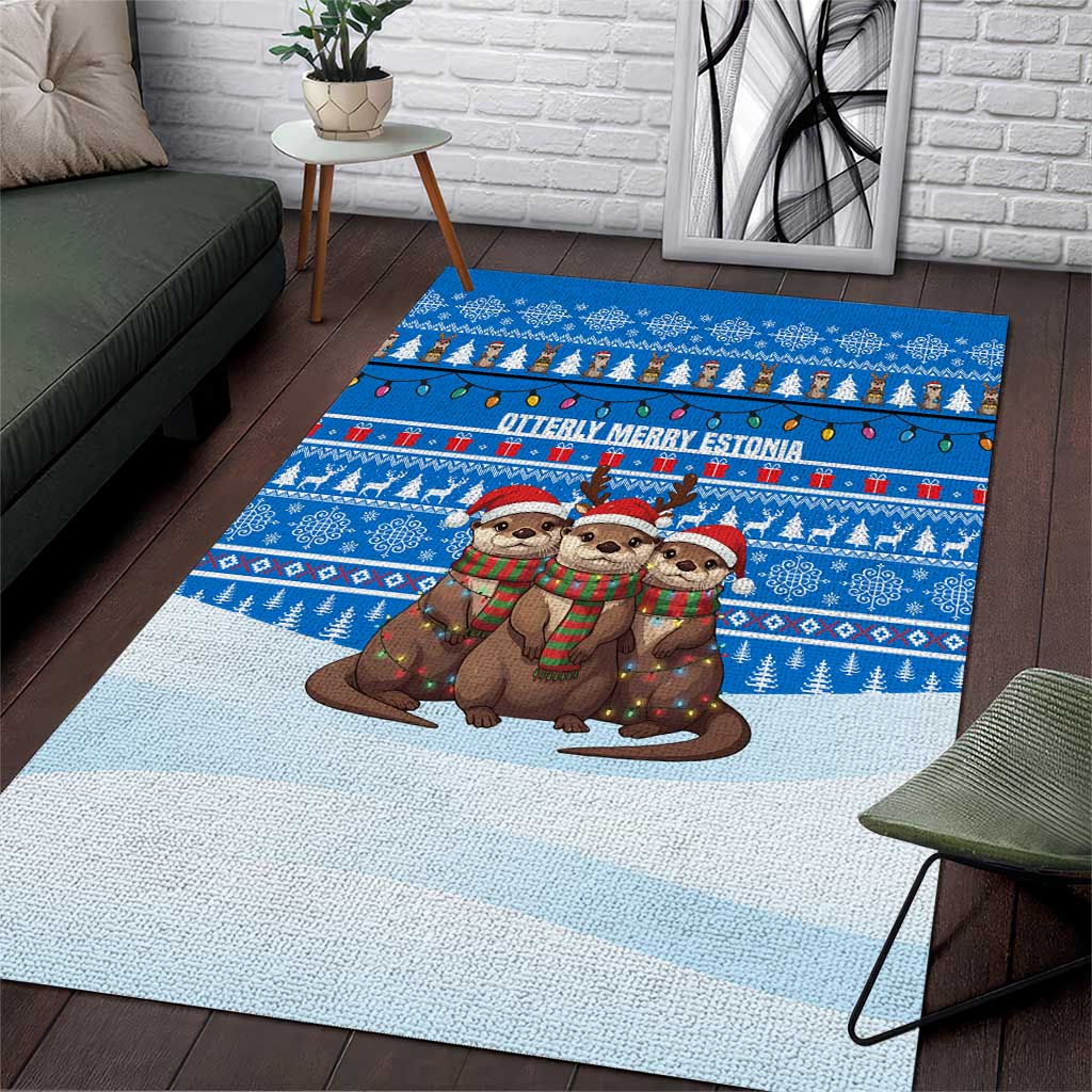 Estonia Christmas Area Rug with Santa Otters Lights Snowflakes and National Emblem on Blue Pattern - Wonder Print Shop