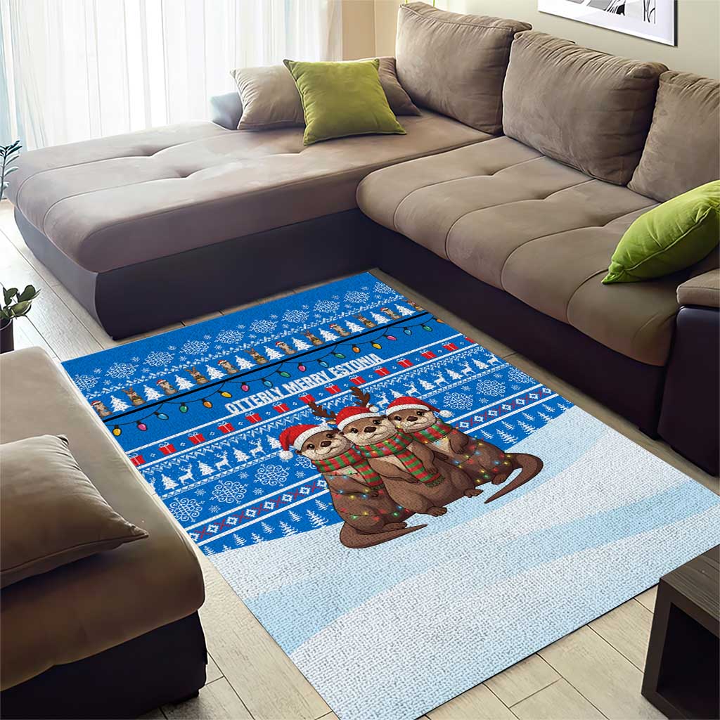Estonia Christmas Area Rug with Santa Otters Lights Snowflakes and National Emblem on Blue Pattern - Wonder Print Shop