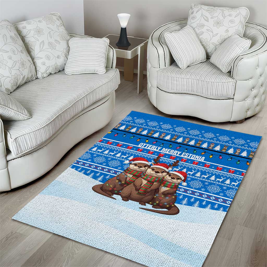 Estonia Christmas Area Rug with Santa Otters Lights Snowflakes and National Emblem on Blue Pattern - Wonder Print Shop