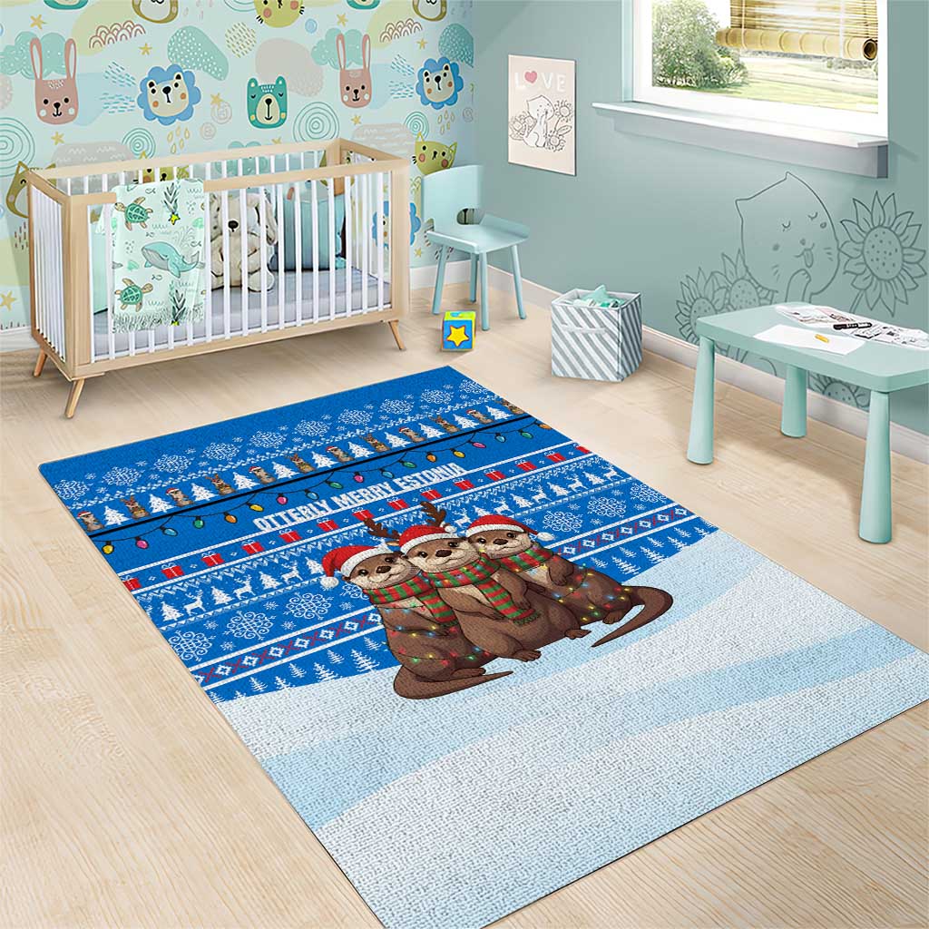 Estonia Christmas Area Rug with Santa Otters Lights Snowflakes and National Emblem on Blue Pattern - Wonder Print Shop