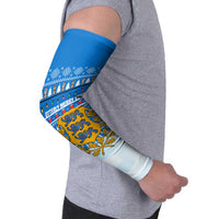 Estonia Christmas Arm Sleeves with Santa Otters Lights Snowflakes and National Emblem on Blue Pattern - Wonder Print Shop