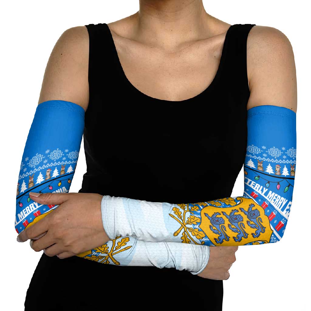 Estonia Christmas Arm Sleeves with Santa Otters Lights Snowflakes and National Emblem on Blue Pattern - Wonder Print Shop