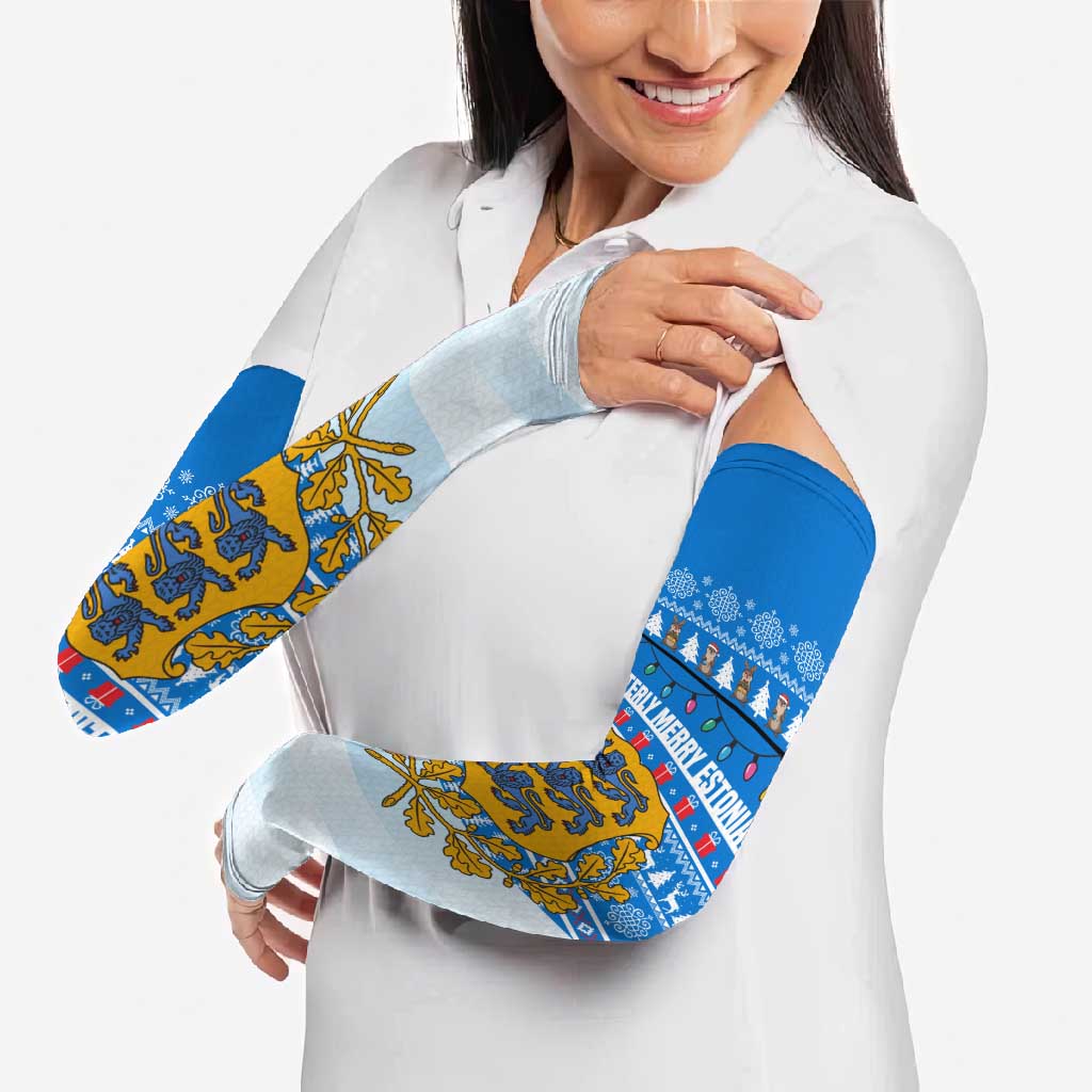 Estonia Christmas Arm Sleeves with Santa Otters Lights Snowflakes and National Emblem on Blue Pattern - Wonder Print Shop