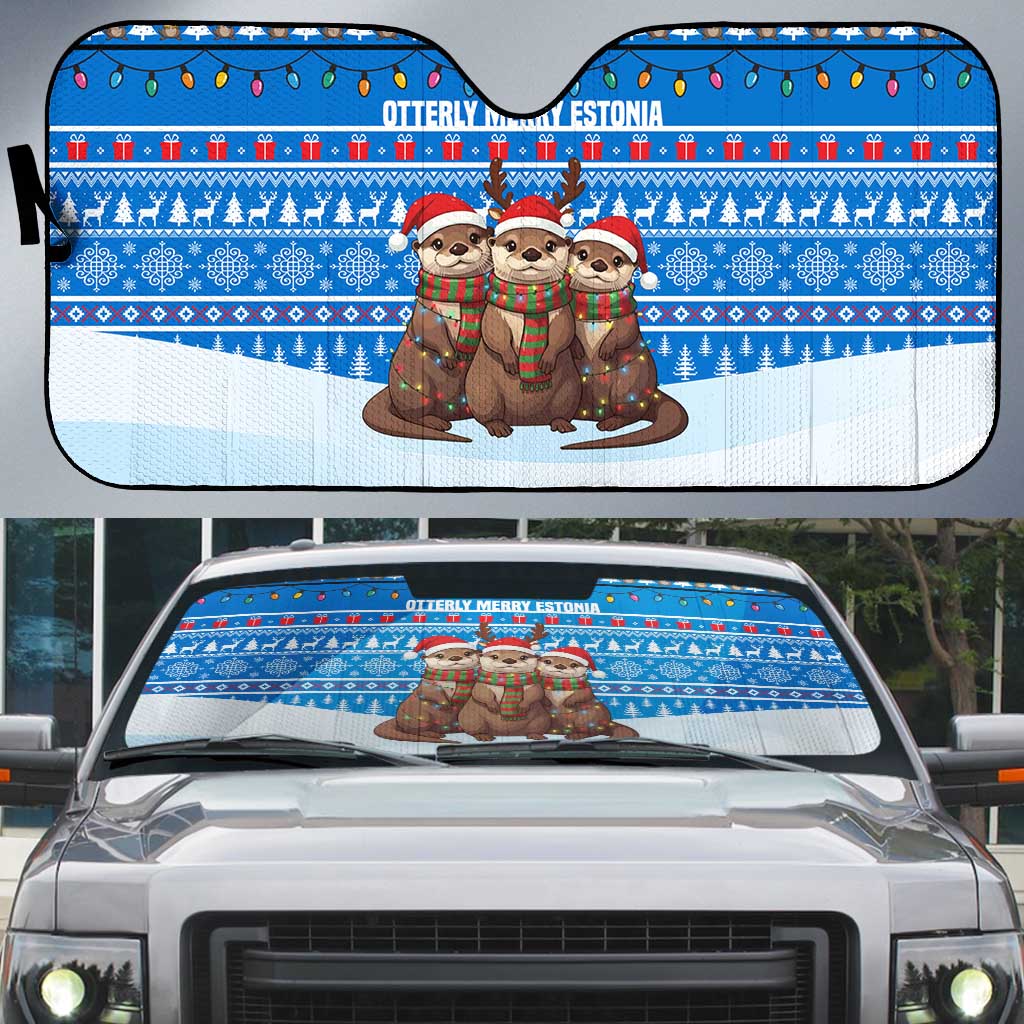 Estonia Christmas Auto Sun Shade with Santa Otters Lights Snowflakes and National Emblem on Blue Pattern - Wonder Print Shop
