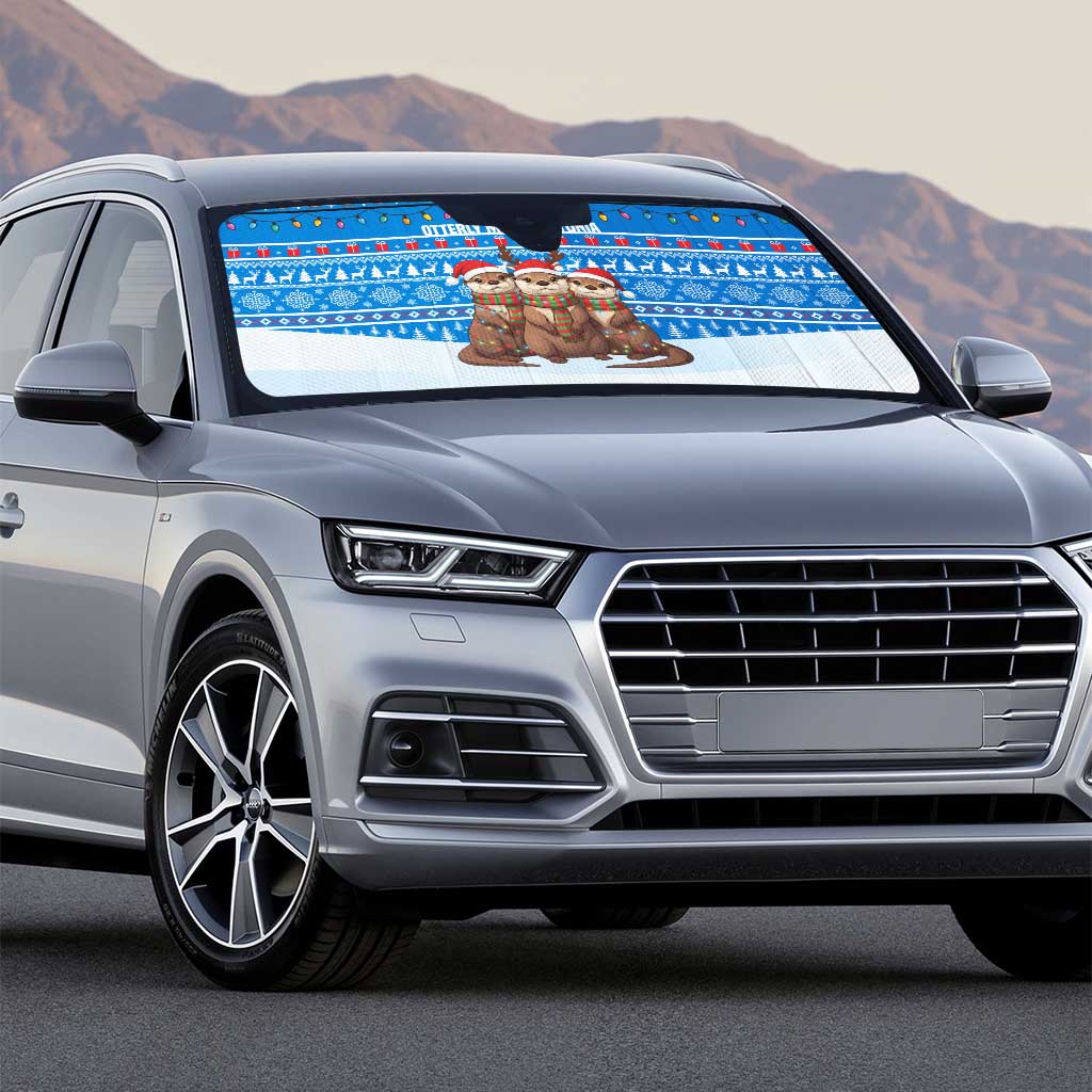 Estonia Christmas Auto Sun Shade with Santa Otters Lights Snowflakes and National Emblem on Blue Pattern - Wonder Print Shop