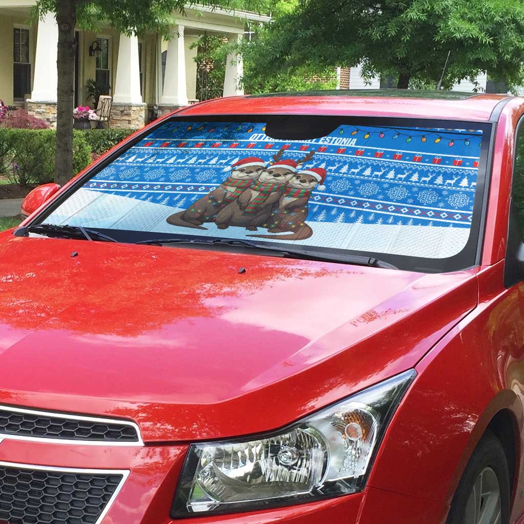 Estonia Christmas Auto Sun Shade with Santa Otters Lights Snowflakes and National Emblem on Blue Pattern - Wonder Print Shop