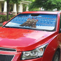 Estonia Christmas Auto Sun Shade with Santa Otters Lights Snowflakes and National Emblem on Blue Pattern - Wonder Print Shop