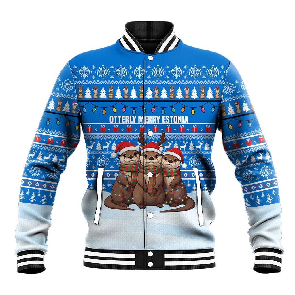 Estonia Christmas Baseball Jacket with Santa Otters Lights Snowflakes and National Emblem on Blue Pattern - Wonder Print Shop