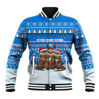 Estonia Christmas Baseball Jacket with Santa Otters Lights Snowflakes and National Emblem on Blue Pattern - Wonder Print Shop