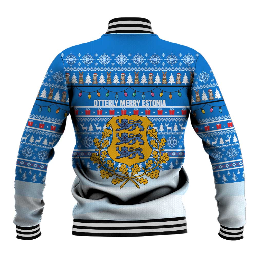 Estonia Christmas Baseball Jacket with Santa Otters Lights Snowflakes and National Emblem on Blue Pattern - Wonder Print Shop