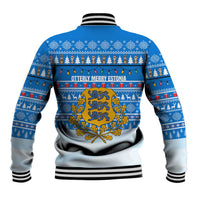 Estonia Christmas Baseball Jacket with Santa Otters Lights Snowflakes and National Emblem on Blue Pattern - Wonder Print Shop