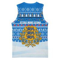 Estonia Christmas Basketball Jersey with Santa Otters Lights Snowflakes and National Emblem on Blue Pattern - Wonder Print Shop