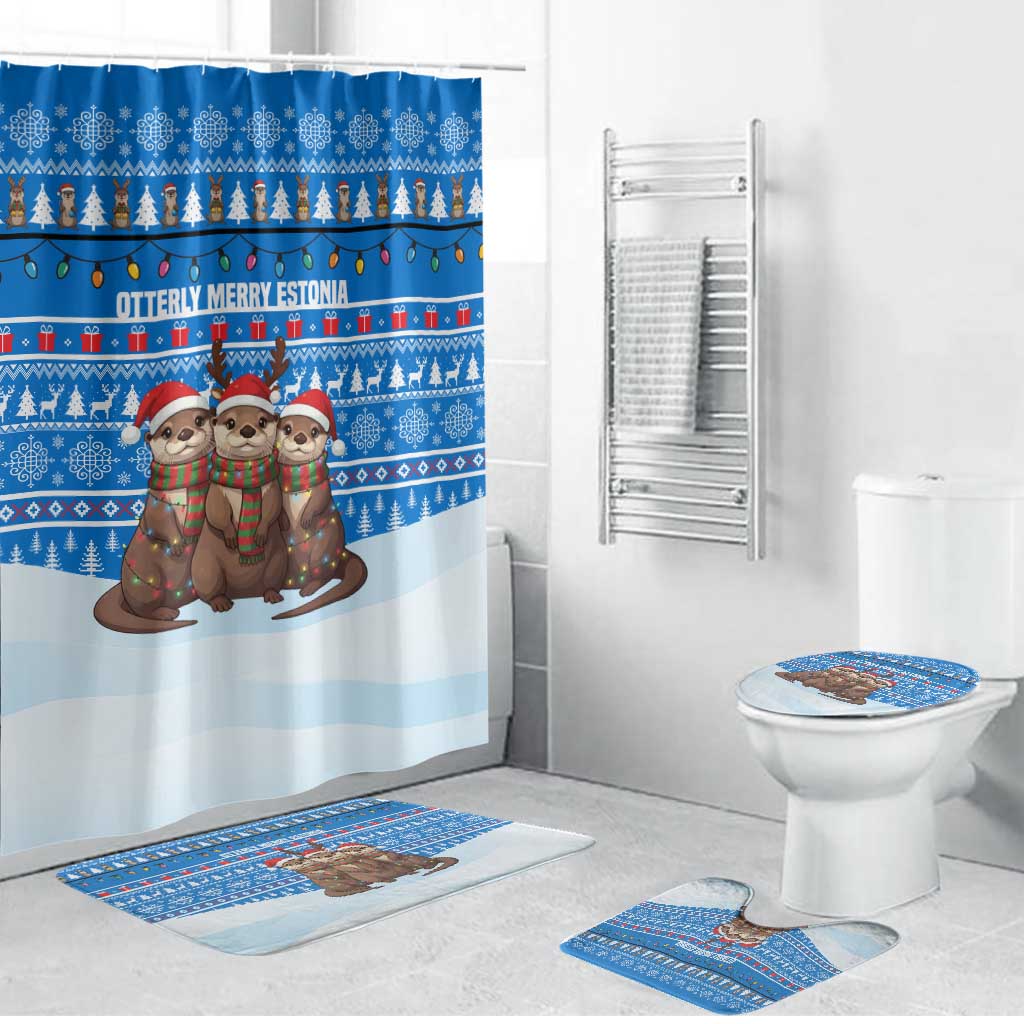Estonia Christmas Bathroom Set with Santa Otters Lights Snowflakes and National Emblem on Blue Pattern - Wonder Print Shop