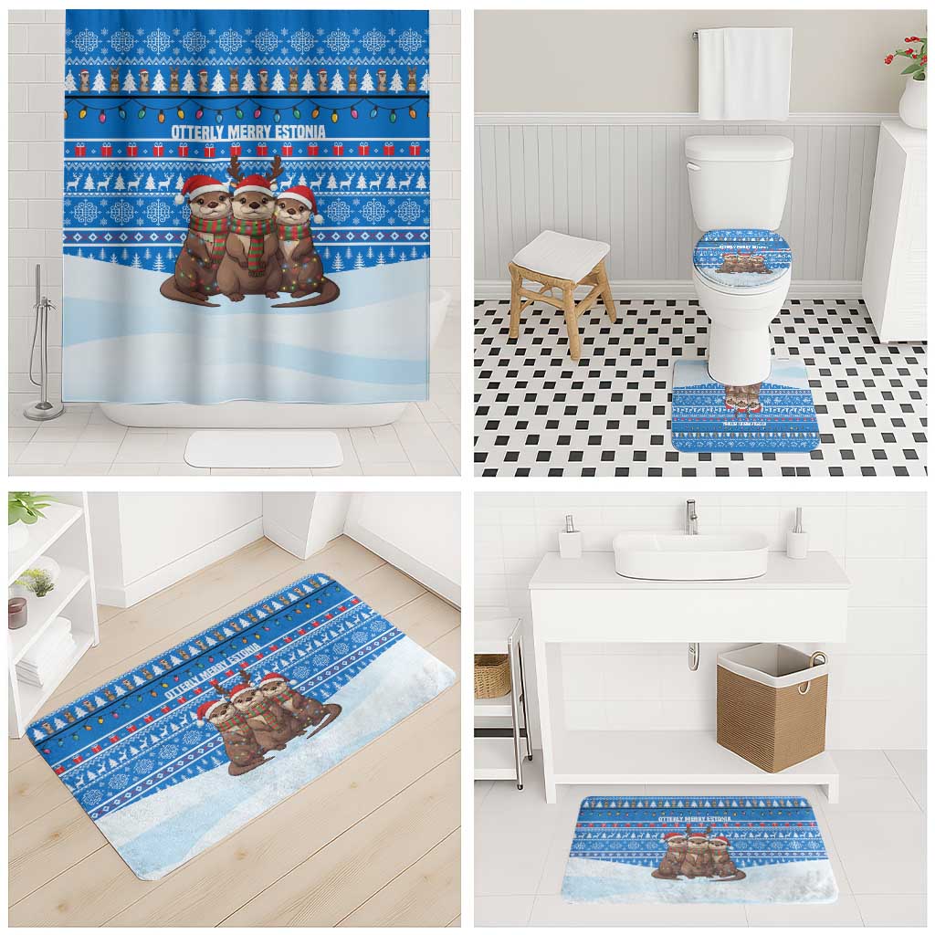 Estonia Christmas Bathroom Set with Santa Otters Lights Snowflakes and National Emblem on Blue Pattern - Wonder Print Shop