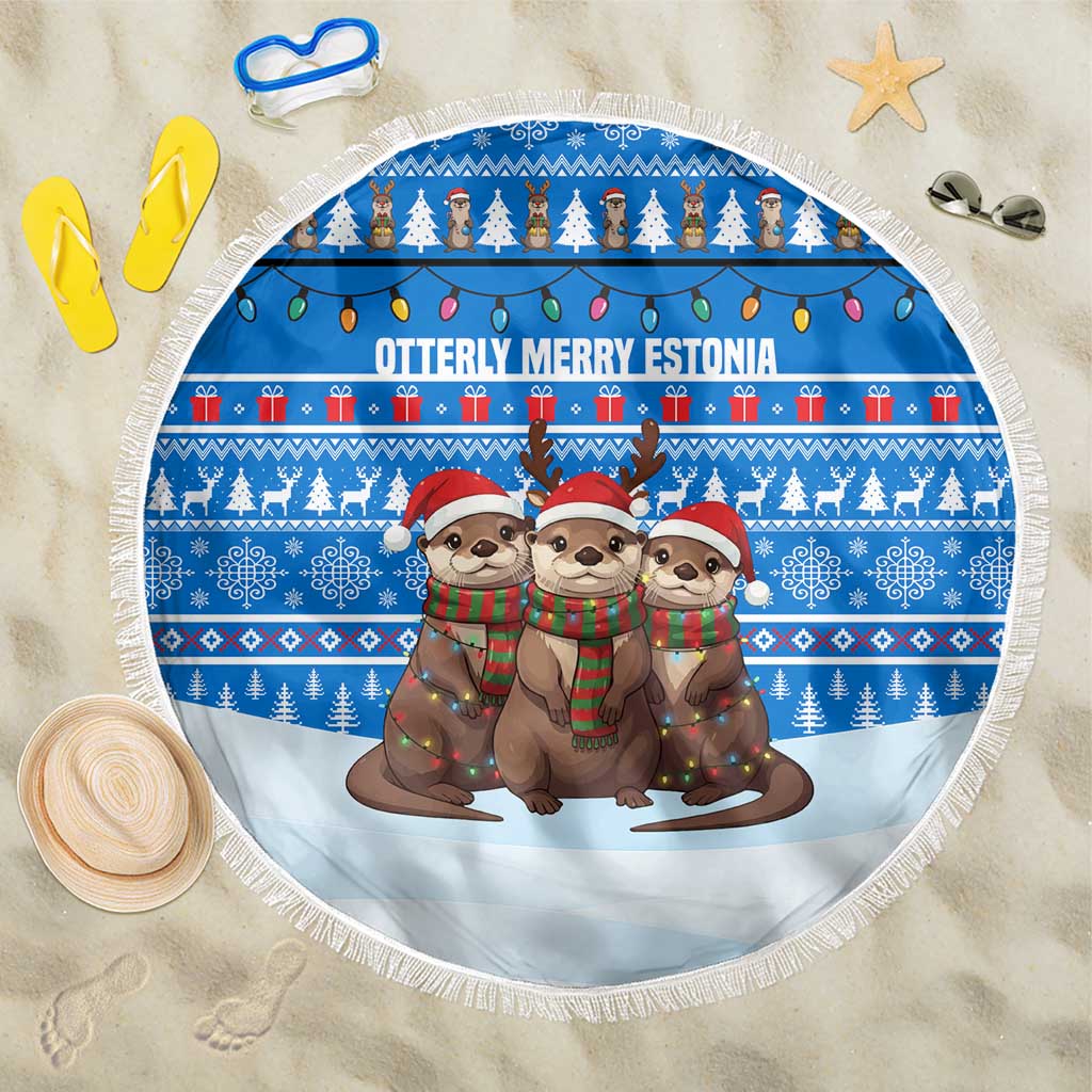 Estonia Christmas Beach Blanket with Santa Otters Lights Snowflakes and National Emblem on Blue Pattern - Wonder Print Shop